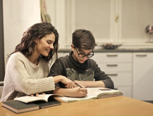 elder sister and brother studying at home